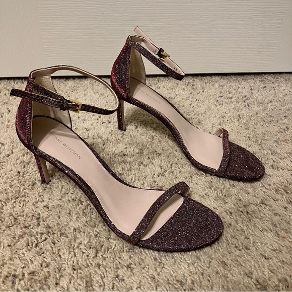 STUART WEITZMAN Heels SANDALS Glitter CRYSTAL Wine NUDIST - Sz 10 M Spain NEW! - Picture 7 of 16